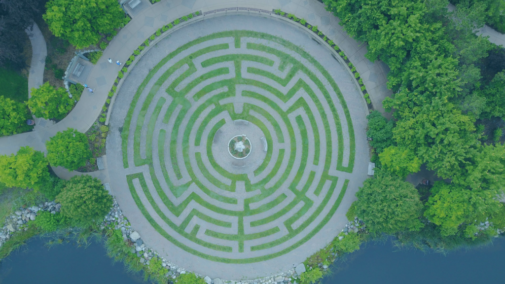 green hedge maze from an ariel viewpoint