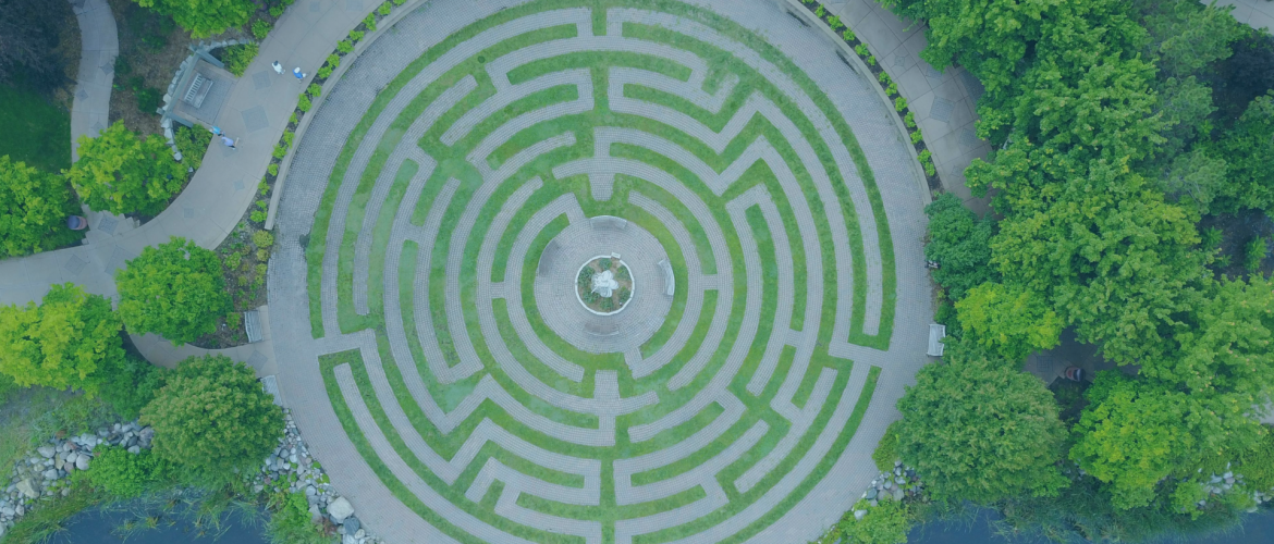 green hedge maze from an ariel viewpoint