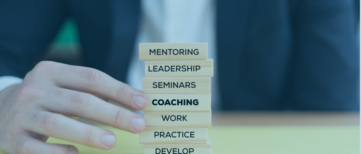 male hand holding bricks saying mentoring coaching
