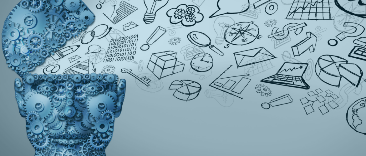 Illustration of a human head made from blue interlocking gears, surrounded by hand-drawn symbols representing ideas, creativity, problem-solving, collaboration and strategic thinking.