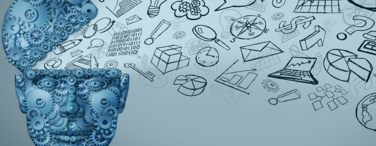Illustration of a human head made from blue interlocking gears, surrounded by hand-drawn symbols representing ideas, creativity, problem-solving, collaboration and strategic thinking.