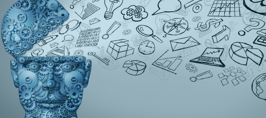 Illustration of a human head made from blue interlocking gears, surrounded by hand-drawn symbols representing ideas, creativity, problem-solving, collaboration and strategic thinking.